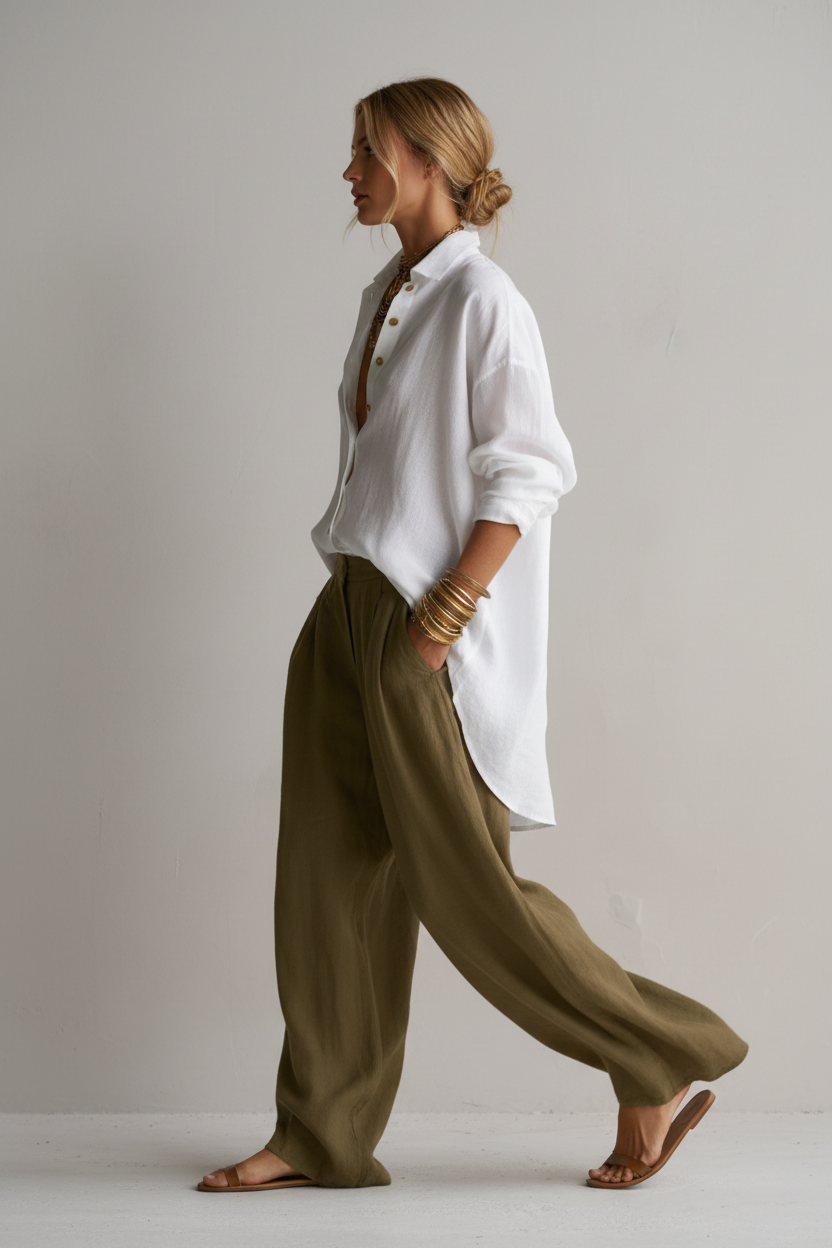 Conjunto khaki caminando