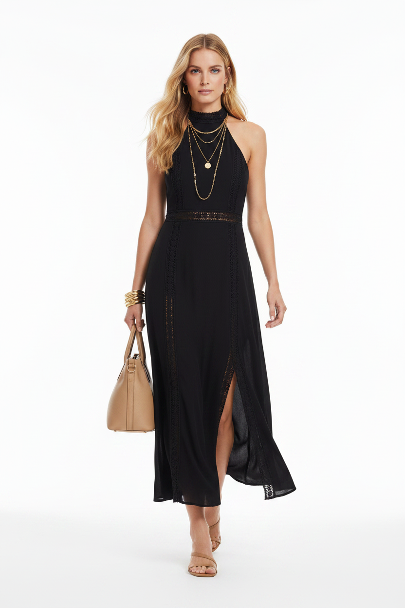 Noa - Vestido Midi con Cuello Halter y Detalles de Encaje