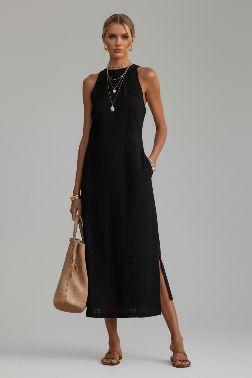 Noa - Vestido Midi con Cuello Halter y Detalles de Encaje