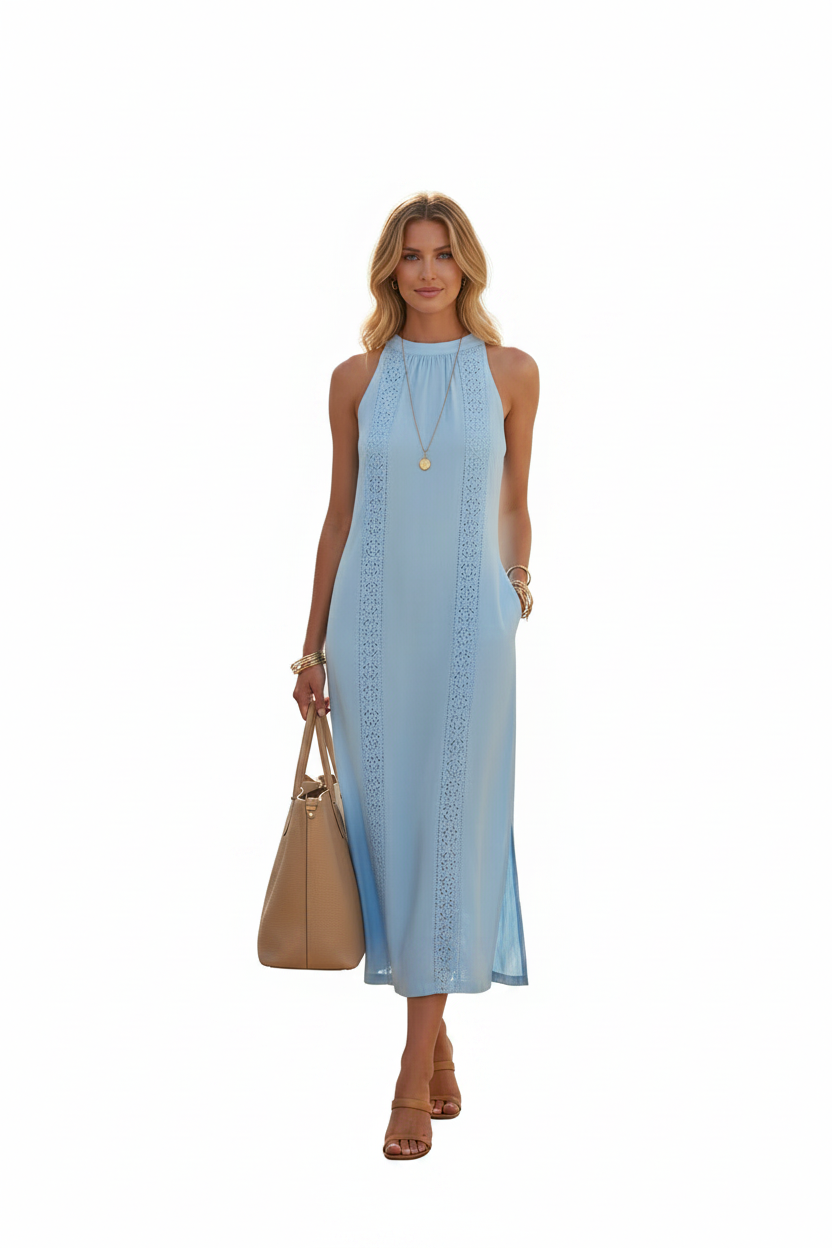 Noa - Vestido Midi con Cuello Halter y Detalles de Encaje