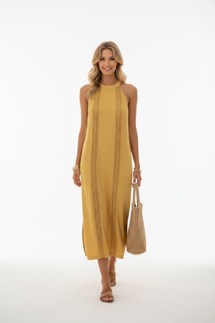 Noa - Vestido Midi con Cuello Halter y Detalles de Encaje