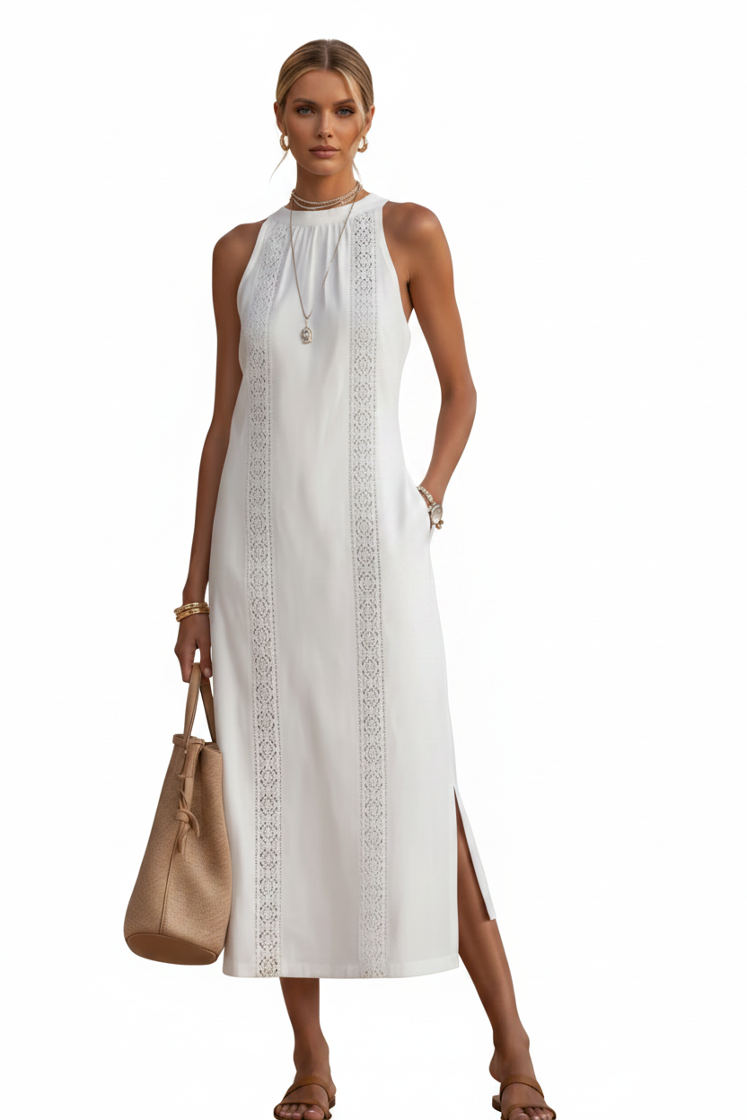 Noa - Vestido Midi con Cuello Halter y Detalles de Encaje