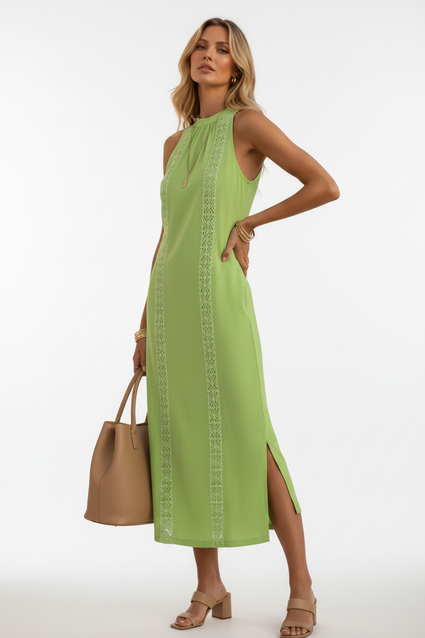 Noa - Vestido Midi con Cuello Halter y Detalles de Encaje