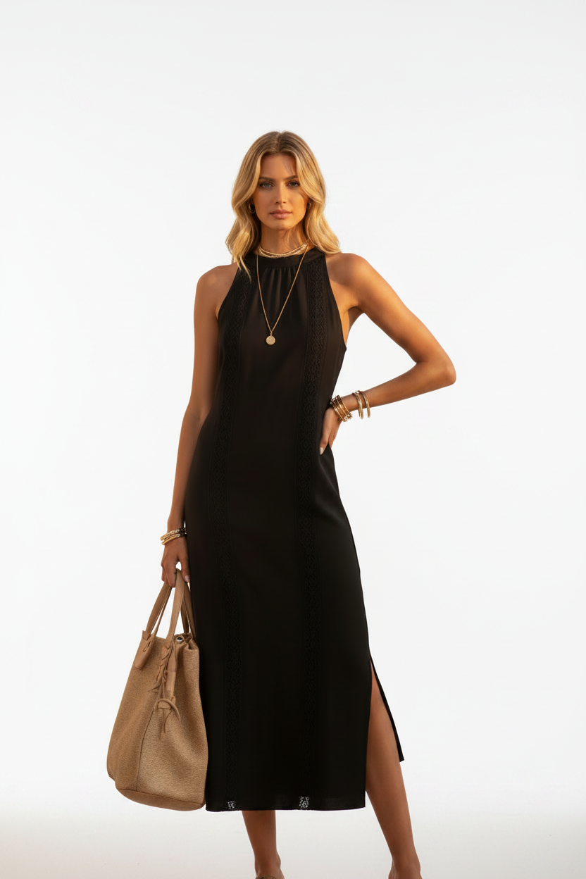 Noa - Vestido Midi con Cuello Halter y Detalles de Encaje
