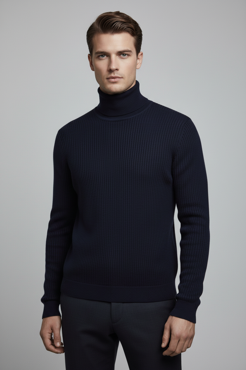 Rubén - Modelo europeo con suéter azul marino cuello alto