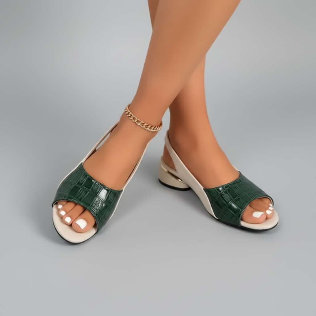 Sandalias verde fondo gris sólido