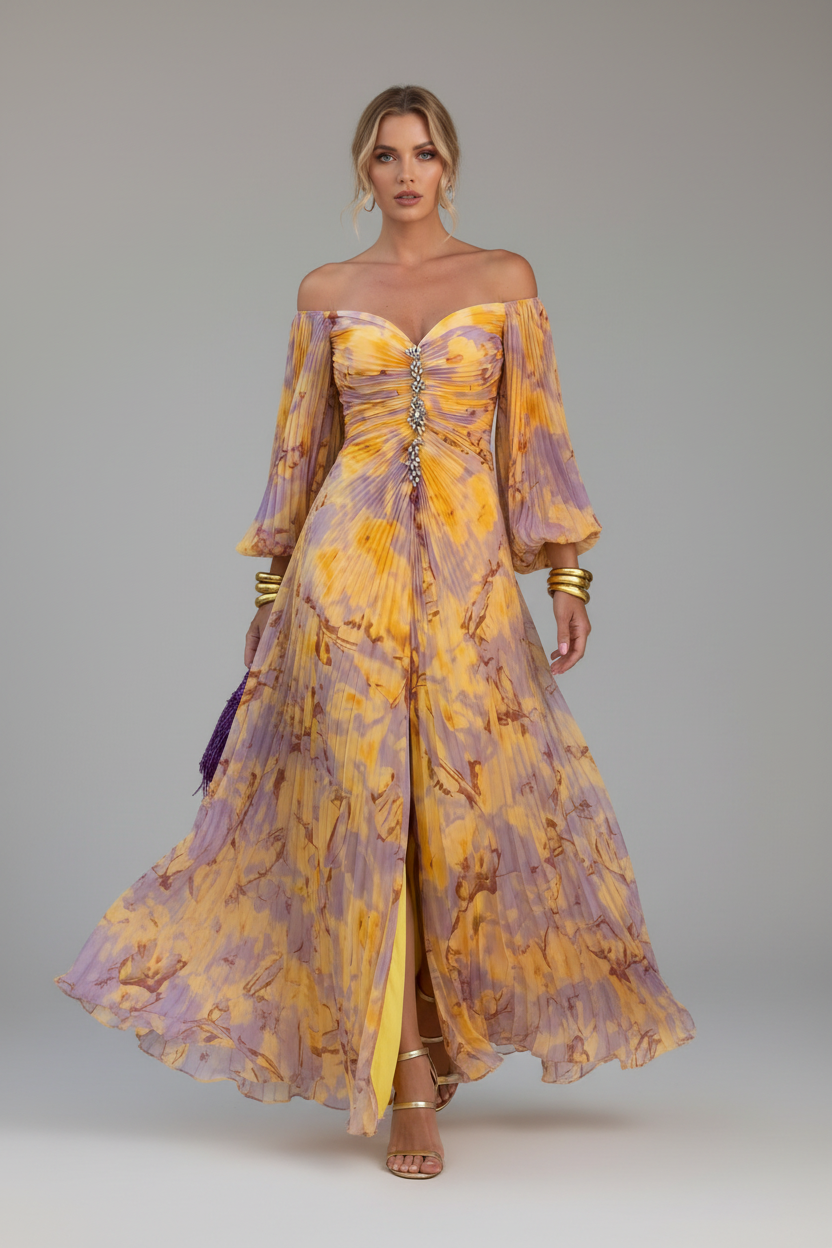 Vestido dorado lila caminando