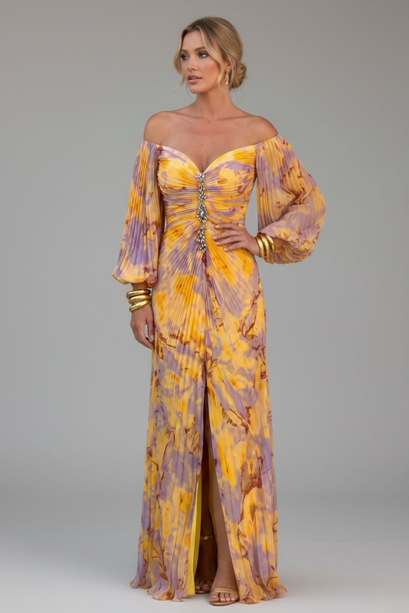 Vestido dorado lila tres cuartos