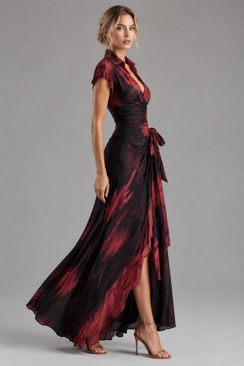 Vestido wrap burdeos perfil