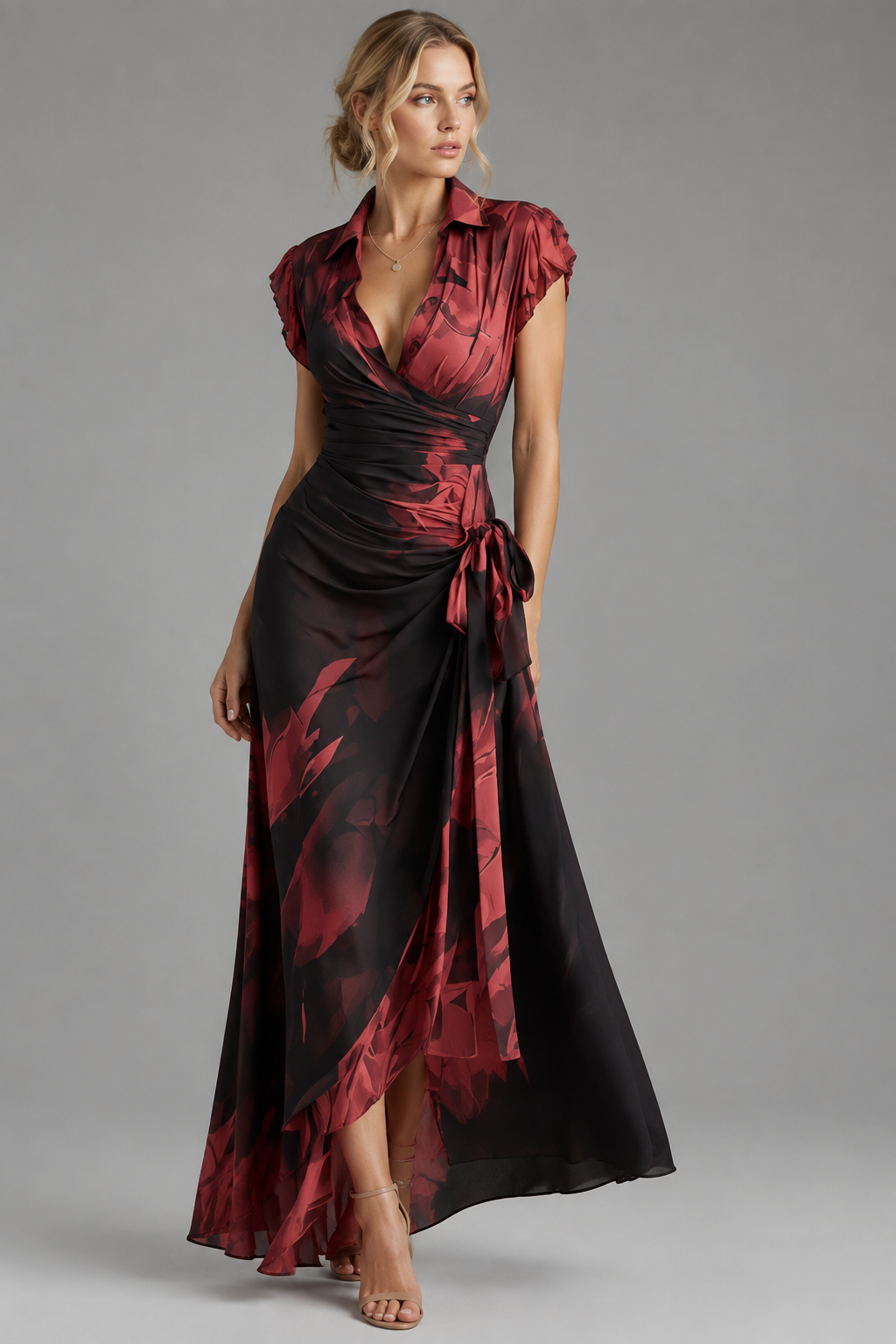 Vestido wrap burdeos tres cuartos